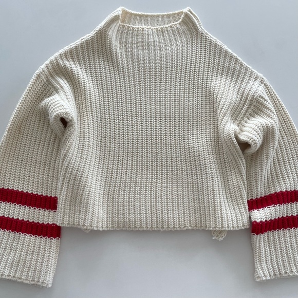 Design Lab Lord & Taylor Cream Mock Neck Sweater Bell Sleeves Red Stripes XS - Picture 2 of 5
